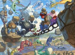  aggron alolan_exeggutor altaria beak bird blastoise blue_feathers chains claws cloud commentary_request day deino_(pokemon) dragonair dragonite drampa feathers flapple floating_rock fluffy flygon garchomp goomy gyarados highres kommo-o no_humans noivern open_mouth outdoors pokemon pokemon_(creature) rock sky spareribs splashing tyrantrum water white_feathers 