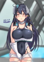  aqua_hat aqua_neckerchief black_hair black_one-piece_swimsuit black_ribbon blush breast_hold breasts brown_gloves competition_swimsuit cosplay dated elbow_gloves female garrison_cap gloves hair_between_eyes hair_ribbon hat highleg highleg_swimsuit highres indoors kantai_collection large_breasts long_hair looking_at_viewer montemasa neckerchief one-piece_swimsuit open_mouth rei_no_pool ribbon scamp_(kancolle) scamp_(kancolle)_(cosplay) shorts solo swimsuit twitter_username two-tone_swimsuit ushio_(kancolle) water white_gloves white_one-piece_swimsuit white_shorts 