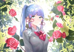  absurdres bad_id bad_pixiv_id blue_eyes blue_hair blunt_bangs bow bowtie captain_yina collared_shirt commentary female flower genshin_impact grey_shirt hair_ribbon highres kamisato_ayaka looking_at_viewer ponytail red_bow red_bowtie red_flower red_ribbon red_rose ribbon rose school_uniform shirt signature smile solo tassel tress_ribbon upper_body 