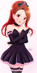  absurdres black_skirt black_sleeves black_thighhighs blush bridal_gauntlets brown_hair collar collarbone commentary_request cosplay cowboy_shot detached_sleeves female frilled_skirt frills garter_straps highres idolmaster idolmaster_(classic) kugimiya_rie long_hair long_sleeves looking_at_viewer louise_francoise_le_blanc_de_la_valliere louise_francoise_le_blanc_de_la_valliere_(cosplay) md5_mismatch minase_iori miniskirt open_mouth pleated_skirt red_eyes runmo77 simple_background skirt skirt_set solo standing strapless thighhighs voice_actor_connection wavy_mouth white_background zero_no_tsukaima zettai_ryouiki 