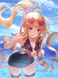  black_one-piece_swimsuit black_sailor_collar blonde_hair blue_flower blue_sky blurry blurry_background cagliostro_(granblue_fantasy) cagliostro_(summer)_(granblue_fantasy) clothes_pull cloud collarbone commentary_request cowboy_shot day female flat_chest floating_hair flower granblue_fantasy grin hair_flower hair_ornament heart heart-shaped_eyewear leaning_forward long_hair looking_at_viewer ocean oerba_yun_fang official_alternate_costume one-piece_swimsuit one-piece_swimsuit_pull outdoors ponytail pulling_own_clothes purple_eyes red-framed_eyewear sailor_collar shiny_skin sky smile solo standing sunglasses swimsuit tanaka_ken&#039;ichi thigh_strap v-shaped_eyebrows very_long_hair w 