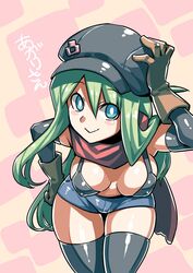  blue_eyes breasts closed_mouth elbow_gloves female gloves green_hair hat long_hair looking_at_viewer original shorts smile solo thighhighs tukiwani yunomiya_agari 