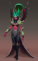  absurdres armor black_footwear black_hair black_nails boots breasts brown_background cleavage colored_skin female fingernails full_body gem gradient_background green_eyes highres horns karma_(league_of_legends) kneehighs large_breasts league_of_legends long_hair nail_polish navel red_skin sharp_fingernails socks solo vladbacescu 