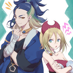  1boy :o adaman_(pokemon) arm_wrap blonde_hair blue_coat blue_eyes blue_hair bracelet breasts brown_eyes cleavage coat collar collarbone commentary_request crossed_arms eyebrow_cut female green_hair hair_between_eyes hairband highres irida_(pokemon) jewelry medium_hair multicolored_hair neck_ring notice_lines parted_lips pokemon pokemon_legends:_arceus red_hairband red_shirt shirt shout_lines smile strapless strapless_shirt yue_(lov_n_n) 