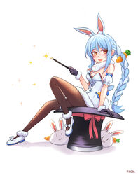  absurdres animal_ears black_legwear blue_hair blush braid breasts brown_eyes bunny_ears carrot don-chan_(usada_pekora) female food_themed_hair_ornament hair_ornament highres holding holding_wand hololive open_mouth small_breasts solo tfqr twin_braids usada_pekora virtual_youtuber wand 