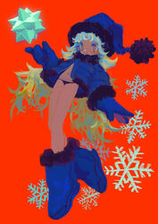  aqua_hair black_panties blue_footwear blue_gloves blue_hat blue_jacket boots dark-skinned_female dark_skin female flat_chest full_body fur-trimmed_footwear fur-trimmed_headwear fur-trimmed_jacket fur_trim gloves hat highres jacket jonpei long_hair looking_at_viewer navel no_pants open_clothes open_jacket original panties polyhedron pom_pom_(clothes) red_background red_eyes smile snowflakes solo star-shaped_pupils star_(symbol) symbol-shaped_pupils underwear very_long_hair wavy_hair 