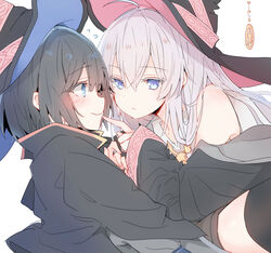  2girls absurdres bare_shoulders black_hair black_robe blue_eyes blush closed_mouth commentary elaina_(majo_no_tabitabi) grey_hair hair_tubes hat highres lionet0806 majo_no_tabitabi mixed-language_commentary multiple_girls neck_ribbon ribbon robe saya_(majo_no_tabitabi) shirt simple_background sleeveless sleeveless_shirt thighhighs white_background witch_hat yellow_ribbon yuri zettai_ryouiki 