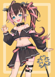  ahoge belt belt_collar black_belt black_jacket black_skirt black_sleeves bloomers blue_eyes blush bra brown_hair claw_pose collar commentary_request cropped_jacket demon_girl demon_horns demon_tail detached_sleeves earrings fangs feet_out_of_frame female fingernails flat_chest flower grey_horns hair_flower hair_ornament hair_ribbon highres horns jacket jewelry k_waremono long_hair long_sleeves looking_at_viewer medium_bangs midriff multicolored_hair nanashi_inc. navel o-ring o-ring_thigh_strap off_shoulder oinomori_may oinomori_may_(1st_costume) one_side_up open_clothes open_jacket open_mouth pink_bloomers pink_bra pink_hair pink_nails pink_ribbon pleated_skirt pointy_ears ribbon single_earring skirt sleeveless sleeveless_jacket smile solo standing tail thigh_strap two-tone_hair underwear virtual_youtuber yellow_background zipper 