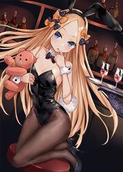  abigail_williams_(fate) alcohol animal_ears asle bare_shoulders black_bow black_footwear black_hairband black_leotard blonde_hair blush bottle bow brown_pantyhose commentary cup drinking_glass fake_animal_ears fate/grand_order fate_(series) female finger_to_mouth forehead hairband hairbow high_heels hugging_object indoors leotard long_hair looking_at_viewer multiple_hair_bows on_stool orange_bow pantyhose parted_bangs parted_lips playboy_bunny rabbit_ears rabbit_tail shoes solo stool strapless strapless_leotard stuffed_animal stuffed_toy suction_cups tail teddy_bear tentacle tray very_long_hair wine wine_glass wrist_cuffs 