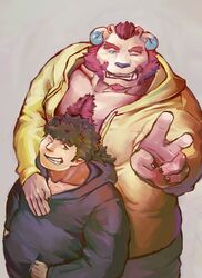  2020 andvari_(tas) body_hair chernobog_(tas) chest_hair clothing demon duo dwarf facial_hair hair hi_res horn human humanoid inabayasuri lifewonders male male/male mammal muscular overweight overweight_male slightly_chubby tokyo_afterschool_summoners 