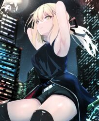  armpits arms_behind_head arms_up artoria_pendragon_(fate) bare_shoulders black_camisole black_footwear black_ribbon black_shorts blonde_hair boots breasts building camisole cityscape cleavage collarbone fate/grand_order fate_(series) female hair_ribbon highres jewelry long_hair looking_at_viewer low_ponytail medium_breasts michinoku_(michino934) necklace night night_sky official_alternate_costume ribbon saber_alter saber_alter_(ver._shinjuku_1999)_(fate) short_shorts shorts sidelocks sky skyscraper solo thighs yellow_eyes 