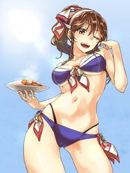  abo_(hechouchou) ashigara_(kancolle) bikini blue_background brown_eyes brown_hair commentary_request contrapposto cowboy_shot female food hairband highres kantai_collection katsu_curry layered_bikini long_hair looking_at_viewer one_eye_closed open_mouth purple_bikini solo standing steam swimsuit teeth upper_teeth_only wavy_hair 