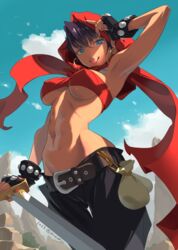  abs arm_up armpits bandeau belt black_gloves black_hair black_pants blue_eyes blue_sky breasts brown_belt cacn cleavage cloud cloudy_sky coin_purse commentary covered_nipples cowboy_shot dark-skinned_female dark_skin dated day dungeons_&amp;_dragons dungeons_&amp;_dragons:_shadow_over_mystara earrings fangs female fingerless_gloves gloves groin hair_between_eyes highres holding holding_sword holding_weapon hood hood_up hoop_earrings jewelry looking_at_viewer medium_breasts moriah navel necklace open_mouth outdoors pants red_bandeau red_hood short_hair signature sky smile solo standing stomach strapless studded_gloves sword thigh_gap tongue tongue_out underboob v-shaped_eyebrows weapon 