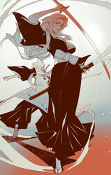  1boy artist_name black_kimono bleach bow breasts cleavage female haori hitsugaya_toushirou holding holding_sheath holding_sword holding_weapon japanese_clothes kimono large_breasts long_hair maotai matsumoto_rangiku mole mole_under_mouth orange_hair sheath simple_background sword sword_behind_back taichou_haori unsheathing weapon white_bow white_legwear wide_sleeves 