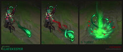  absurdres armor black_footwear black_hair black_nails boots breasts brown_background cleavage colored_skin fingernails full_body gem gradient_background green_eyes highres horns karma_(league_of_legends) kneehighs large_breasts league_of_legends long_hair magic nail_polish navel red_skin sharp_fingernails skull socks vladbacescu web_address 