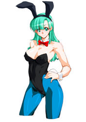  animal_ears blue_eyes blue_hair breasts bulma_briefs cleavage closed_mouth commentary dragon_ball dragon_ball_(classic) fake_animal_ears female large_breasts long_hair looking_at_viewer pantyhose playboy_bunny qkat_(arikawa-dou) rabbit_ears simple_background smile solo white_background 