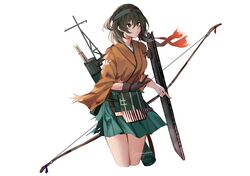  absurdres apron arrow_(projectile) bow_(weapon) brown_gloves brown_hair commission female flight_deck gloves green_hakama hakama hakama_short_skirt hakama_skirt headband highres hiryuu_(kancolle) hiryuu_kai_ni_(kancolle) holding holding_bow_(weapon) holding_weapon japanese_clothes kantai_collection kimono miyasaka_miyabi one_side_up partially_fingerless_gloves pixiv_commission quiver rigging short_hair single_glove skirt solo weapon yellow_kimono yugake yumi_(bow) 