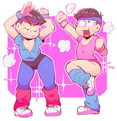  2boys arm_up brothers embarrassed grin leg_up leg_warmers male_focus matsuno_karamatsu matsuno_todomatsu multiple_boys osomatsu-san osomatsu_(series) pants pantyhose sanjiro_(tenshin_anman) shoes siblings smile sneakers white_footwear workout_clothes yoga_pants 