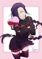  alt_text arm_between_breasts artist_name bell between_breasts black_gloves black_serafuku black_skirt black_thighhighs box braid breasts chikujouin_magane commentary_request dated earrings female gift gloves grin hair_bell hair_ornament hair_over_one_eye half-closed_eyes hands_up heart-shaped_box highres holding holding_gift inverted_pentagram jewelry large_breasts long_hair looking_at_viewer necklace pink_background pleated_skirt purple_hair re:creators school_uniform serafuku sharp_teeth single_braid skirt slit_pupils smile solo standing standing_on_one_leg teeth thighhighs torii_earrings two-tone_background valentine white_background yellow_eyes yoshinaga_masahiro 