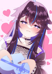  ahoge black_choker black_hair black_hoodie blue_eyes blue_hair blue_nails blush breasts choker cleavage female fishnet_top fishnets heart heart-shaped_pupils highres hood hoodie incoming_gift kson kson_(4th_costume) large_breasts long_hair looking_at_viewer mole mole_under_eye multicolored_hair nail_polish purple_hair purple_nails shirt smile solo streaked_hair symbol-shaped_pupils two-tone_hoodie unisanjou valentine virtual_youtuber vshojo white_hoodie 