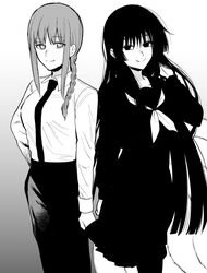  2girls bad_id bad_twitter_id braid braided_ponytail breasts business_suit chainsaw_man collared_shirt crossover formal greyscale hair_between_eyes hand_on_own_hip hand_on_own_shoulder high-waist_pants highres kamio_yui kamio_yui_wa_kami_wo_yui kogureya7 light_smile long_hair long_sleeves looking_at_viewer makima_(chainsaw_man) medium_breasts monochrome multiple_girls necktie office_lady pants pantyhose ringed_eyes sailor_collar school_uniform shirt shirt_tucked_in side-by-side skirt smile suit trait_connection very_long_hair 