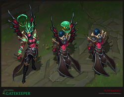  absurdres armor artist_name black_footwear black_hair black_nails boots breasts brown_background cleavage colored_skin female fingernails full_body gem gradient_background green_eyes highres horns karma_(league_of_legends) kneehighs large_breasts league_of_legends long_hair multiple_views nail_polish navel red_skin sharp_fingernails socks vladbacescu 