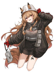  :d absurdres ahoge animal_ears arknights bag black_jacket black_scarf black_skirt blush braid brown_hair ceobe_(arknights) ceobe_(unfettered)_(arknights) chains commentary_request cropped_legs dog_ears dog_girl dog_tail ears_through_headwear female grey_shirt hat head_tilt highres holding holding_bag jacket korean_commentary long_hair long_sleeves looking_at_viewer material_growth miniskirt official_alternate_costume open_clothes open_jacket open_mouth oripathy_lesion_(arknights) polyvora red_eyes scarf shirt skirt smile solo tail twin_braids very_long_hair white_hat 