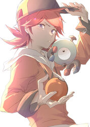  1boy ahoge baseball_cap blush cosplay ethan_(pokemon) ethan_(pokemon)_(cosplay) frown gopan_(pkghnman) hand_on_headwear hat highres holding holding_poke_ball jacket looking_at_viewer magnemite male_focus medium_hair poke_ball poke_ball_(basic) pokemon pokemon_(creature) pokemon_hgss pout purple_eyes red_hair signature silver_(pokemon) simple_background tsundere white_background 