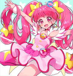  :d blush choker commentary_request cure_star eru female hair_ornament hoshina_hikaru long_hair looking_at_viewer magical_girl open_mouth outstretched_arms pink_choker pink_eyes pink_hair pink_skirt precure skirt smile solo star_(symbol) star_hair_ornament star_twinkle_precure twintails 