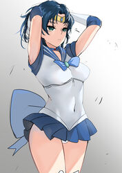  absurdres arms_up back_bow bad_id bad_pixiv_id bishoujo_senshi_sailor_moon blue_bow blue_choker blue_hair blue_neckwear blue_sailor_collar blue_skirt bow choker circlet closed_mouth commentary covered_navel cowboy_shot female frown gradient_background green_eyes grey_background hair_tubes half-closed_eyes hands_in_hair heart heart_choker highres leotard leotard_peek magical_girl microskirt mizuno_ami neoguri pleated_skirt sailor_collar sailor_mercury sailor_senshi_uniform short_hair skirt solo standing symbol-only_commentary upskirt white_leotard 