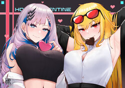  2girls absurdres armpits blonde_hair blue_eyes blue_hair braid breasts candy chocolate colored_inner_hair crop_top ear_piercing eyewear_on_head food french_braid grey_hair hair_ornament hairclip happy_valentine heart heart-shaped_chocolate heart-shaped_pupils highres hololive hololive_indonesia jacket jacket_partially_removed kaela_kovalskia kaela_kovalskia_(new_year) landacdeus large_breasts long_hair looking_at_viewer midriff mouth_hold multicolored_hair multiple_girls navel official_alternate_costume pavolia_reine pavolia_reine_(streetwear) piercing red_eyes smile sunglasses symbol-shaped_pupils upper_body valentine virtual_youtuber 