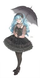  bad_id bad_pixiv_id black_bow black_choker black_dress black_footwear black_pantyhose black_umbrella blue_eyes blue_hair bow choker collarbone criss-cross_halter dress female floating_hair footwear_bow frilled_umbrella frills full_body gothic_lolita halterneck hatsune_miku headdress highres holding holding_umbrella jewelry layered_dress lolita_fashion long_hair pantyhose qie ring see-through shoes short_dress simple_background solo standing twintails umbrella very_long_hair vocaloid white_background wrist_cuffs 