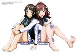  2girls aqua_inc. barefoot blue_necktie breasts brown_eyes brown_hair feet hair_between_eyes houjou_kaori isekai_de_cheat_nouryoku_o_te_ni_shita_ore_wa_genjitsu_sekai_o_mo_musou_suru knees_up legs long_hair looking_at_viewer magazine_scan megami_magazine midou_miu multiple_girls necktie non-web_source official_art open_mouth pink_eyes scan school_uniform skirt soles toenails toes 