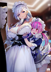  2girls ahoge anchor_print apron azur_lane bare_shoulders belfast_(azur_lane) blue_eyes blue_hair blue_ribbon blush braid breast_lift breasts chains chinese_commentary cleavage closed_mouth collar collarbone commentary_request elbow_gloves french_braid frilled_apron frills gloves grabbing grabbing_another&#039;s_breast hair_ribbon half-closed_eyes han-0v0 highres hololive indoors large_breasts long_hair looking_at_viewer maid maid_headdress medium_breasts minato_aqua minato_aqua_(1st_costume) multicolored_hair multiple_girls nose_blush open_mouth pantyhose photoshop_(medium) pink_eyes purple_hair ribbon short_sleeves side_braid smile streaked_hair twintails very_long_hair virtual_youtuber waist_apron weibo_watermark white_apron white_gloves white_hair white_pantyhose wrist_cuffs yuri 