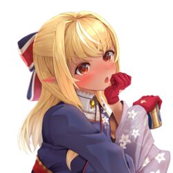  :o absurdres blonde_hair blue_bow blush bow breasts can commentary_request dark-skinned_female dark_skin elf female from_side gloves hair_intakes hairbow hand_up hands_up head_rest highres holding holding_can hololive long_hair long_sleeves looking_at_viewer multicolored_hair nyoon official_alternate_costume official_alternate_hairstyle open_mouth pointy_ears red_bow red_eyes red_gloves shiranui_flare shiranui_flare_(new_year) sidelocks solo streaked_hair tan transparent_background two-tone_hair upper_body virtual_youtuber 