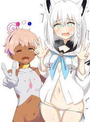  1boy @_@ absurdres age_difference ahoge animal_ears bare_shoulders bottomless braid dark-skinned_male dark_skin donutman double_v elbow_gloves female fox_ears fox_girl fox_tail genderswap_(ftm) gloves hair_between_eyes hairband highres hololive hololive_english limiter_(tsukumo_sana) long_hair looking_at_viewer navel onee-shota out-of-frame_censoring panties rule_63 shirakami_fubuki shirakami_fubuki_(1st_costume) short_hair straight tail trembling tsukumo_san tsukumo_sana underwear v virtual_youtuber white_gloves white_hair yellow_eyes 