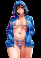  alternate_costume bikini bikini_under_clothes black_background black_hair breasts cowboy_shot female final_fantasy final_fantasy_vii hands_in_pockets highres hood hood_up hooded_jacket huge_breasts jacket long_hair long_sleeves looking_at_viewer navel open_clothes open_jacket red_eyes simple_background smile solo standing striped_bikini striped_clothes swimsuit switch01 tifa_lockhart 