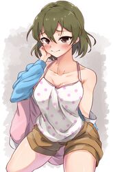  black_eyes blush breasts brown_shorts camisole collarbone commentary_request female green_hair hand_on_own_cheek hand_on_own_face highres idolmaster idolmaster_million_live! moment_(moment_607) nagayoshi_subaru off_shoulder polka_dot polka_dot_shirt shirt short_hair shorts solo sweater 