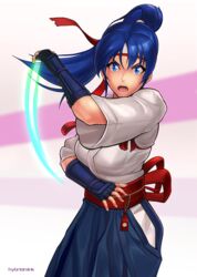  blue_eyes blue_hair breasts commentary dougi female fingerless_gloves gloves hakama hakama_skirt headband hybridmink japanese_clothes long_hair looking_at_viewer ponytail ryuuko_no_ken skirt solo the_king_of_fighters toudou_kasumi 