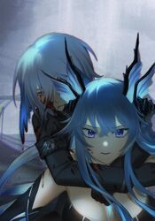  2girls adhesive_bra black_bra black_jacket blood blood_from_eyes blood_from_mouth blood_on_arm blood_on_clothes blood_on_face blue_eyes blue_hair blue_lips bra carrying commandant_(punishing:_gray_raven) crossed_bangs fins hair_between_eyes hair_over_one_eye head_fins highres jacket lamia_(punishing:_gray_raven) long_hair long_sleeves mechanical_arms medium_hair military_uniform multiple_girls piggyback punishing:_gray_raven shanghanhanshang shell_hair_ornament sidelocks underwear uniform upper_body 