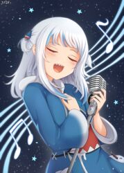  absurdres bloop_(gawr_gura) closed_eyes female gawr_gura highres holding holding_microphone hololive hololive_english microphone microphone_stand music musical_note open_mouth sharp_teeth singing solo space sticker teeth tfqr two_side_up virtual_youtuber white_hair 