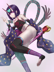  absurdres aito breasts closed_mouth fate/grand_order fate_(series) feet female highres horns japanese_clothes looking_at_viewer navel oni purple_eyes purple_hair short_hair shuten_douji_(fate) shuten_douji_(halloween_caster)_(fate) simple_background skin-covered_horns small_breasts smile solo 