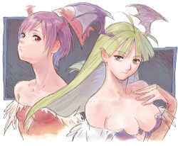  2girls ahoge bare_shoulders blunt_ends breasts bridal_gauntlets darkstalkers demon_girl flat_chest green_eyes green_hair hand_on_own_chest head_wings leotard lilith_(darkstalkers) long_hair matsuo_yuusuke morrigan_aensland multiple_girls purple_hair red_eyes red_leotard short_hair simple_background smile upper_body very_short_hair wings 