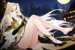  bare_shoulders black_gloves breasts china_dress chinese_clothes claw_ring commentary_request dress elbow_gloves female fur_collar genshin_impact gloves hair_ornament hairpin highres large_breasts long_hair looking_at_viewer night night_sky ningguang_(genshin_impact) parted_bangs pelvic_curtain red_eyes side_slit sidelocks silver_(chenwen) sky smile solo tassel two-tone_dress white_dress white_hair yellow_dress 