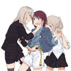  3girls absurdres belt black_jacket black_shorts black_skirt black_thighhighs blue_eyes blue_jacket blue_shirt blush brown_hair collared_shirt commentary dress_shirt eye_contact garter_straps girls_band_cry grabbing_another&#039;s_arm grey_eyes grey_hair hand_on_another&#039;s_cheek hand_on_another&#039;s_face hand_on_another&#039;s_hip hand_under_clothes hand_under_shirt highres iseri_nina jacket kawaragi_momoka long_hair looking_at_another low_twintails midriff_peek multicolored_hair multiple_girls open_clothes open_jacket open_mouth pleated_skirt ponytail r_bishh roots_(hair) school_uniform shirt short_hair short_twintails shorts sidelocks simple_background skirt sleeves_past_elbows sweatdrop symbol-only_commentary teeth thighhighs twintails upper_teeth_only variant_set white_background white_shirt white_shorts yellow_belt yuri 