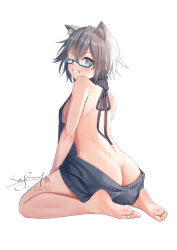  animal_ears ass bare_back barefoot blue_eyes breasts butt_crack cat_ears commission date_a_live english_commentary feet female glasses grey_hair grin honjou_nia looking_at_viewer meme_attire one_eye_closed short_hair signature sitting skyrail small_breasts smile soles solo sweater teeth toes virgin_killer_sweater 