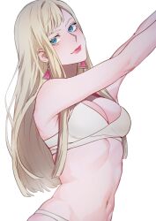  abs blonde_hair blue_eyes bra breasts earrings female gigi_andalusia gundam gundam_hathaway&#039;s_flash highres jewelry looking_at_viewer medium_breasts navel otenki93 parted_bangs sidelocks simple_background solo underwear upper_body white_background 