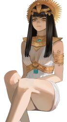  absurdres armlet black_hair blunt_bangs breasts closed_mouth commentary crown egyptian_clothes english_commentary female highres invisible_chair jewelry long_hair medium_breasts ori_dal original simple_background sitting smile solo tassel thighs white_background yellow_eyes 