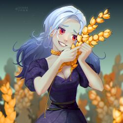  absurdres blue_hair blurry blurry_background breasts cleavage facial_mark female furrowed_brow heart heart_facial_mark highres holding_wheat long_hair night night_sky oerba_yun_fang original qederapawn red_eyes sky smile solo star_(sky) wheat 