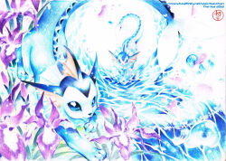  2013 ambiguous_gender artist_name blue_body blue_eyes blue_frill blush blush_lines digitigrade eeveelution english_text feral fin flower generation_1_pokemon looking_at_viewer nai-chan nintendo paws plant pokemon pokemon_(species) quadruped signature solo splash splashing_water tail tail_fin text url vaporeon water yellow_fin 